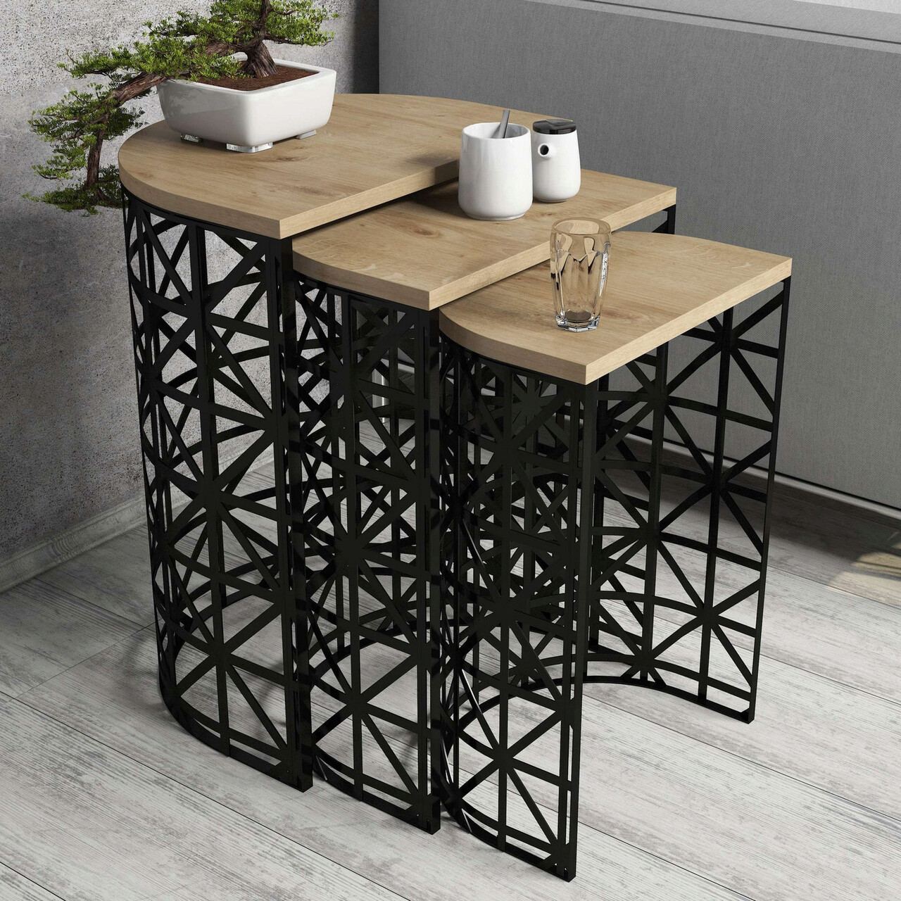 Set masute 3 piese, Hanah Home, Stil Metal Ferforje, Stejar / Negru - imagine 6